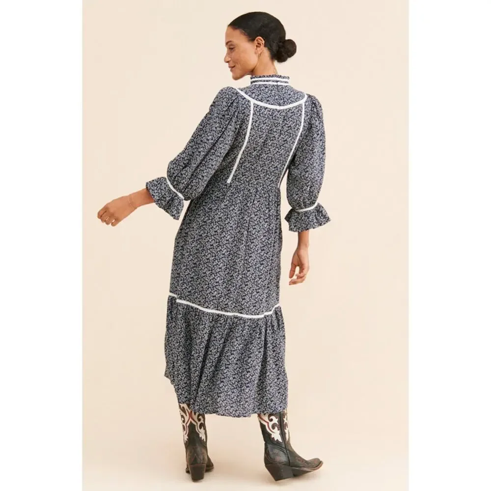 Anthropologie Meadows Amaryllis Blue White Floral Peasant Boho Dress Size 6 - Picture 2 of 7